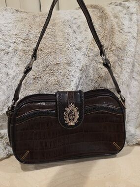 Brown Croc-Embossed Shoulder Bag with Ornate Silver Medallion